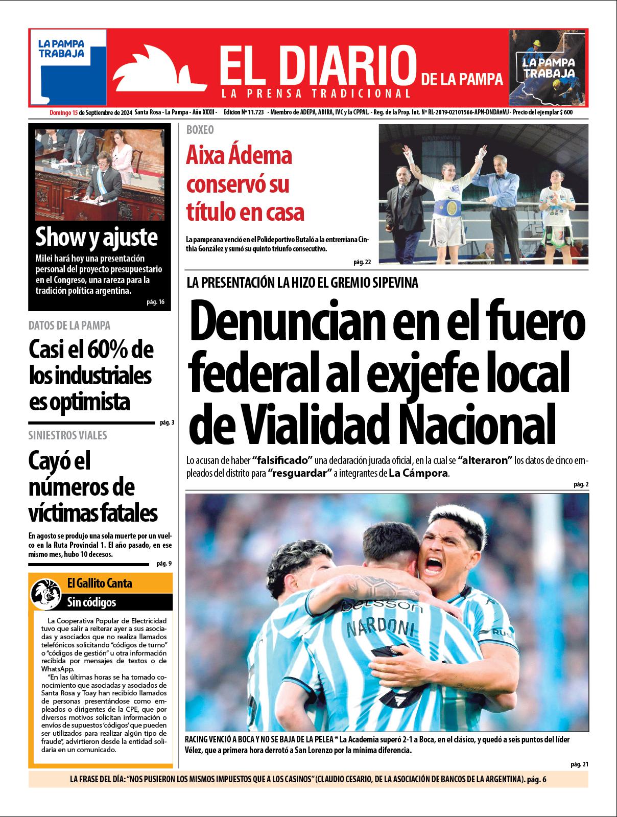 Tapa de El Diario en papel  domingo 15 de septiembre de 2024